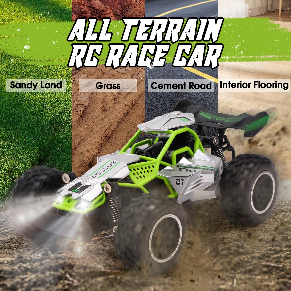 RUIDYA Kids RC Race Cars, 2.4GHz 1:18 Scale Off-road Remote Control Car Toy for Children with LED Light, Rechargeable High Speed All Terrain RC Drift Vehicle, Birthday Gift for 3+ Year Old Boys Girls