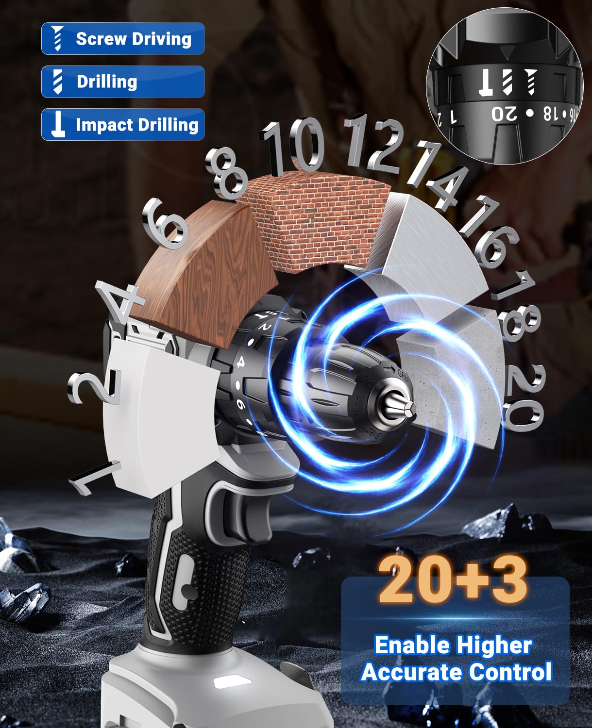 DYJPOW Brushless Cordless Hammer Drill Driver 21V, 2 Batteries 2000mAh, 20+3 Torque, 45N.m Max, 14PCS Drill Bits, 2 Speed, LED Light for Home, Garden DIY