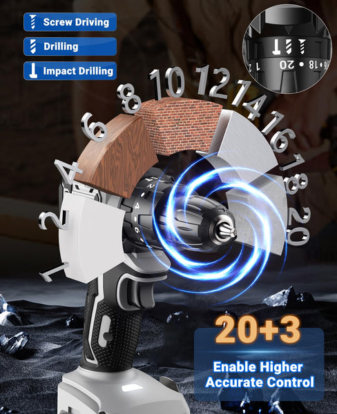 DYJPOW Brushless Cordless Hammer Drill Driver 21V, 2 Batteries 2000mAh, 20+3 Torque, 45N.m Max, 14PCS Drill Bits, 2 Speed, LED Light for Home, Garden DIY