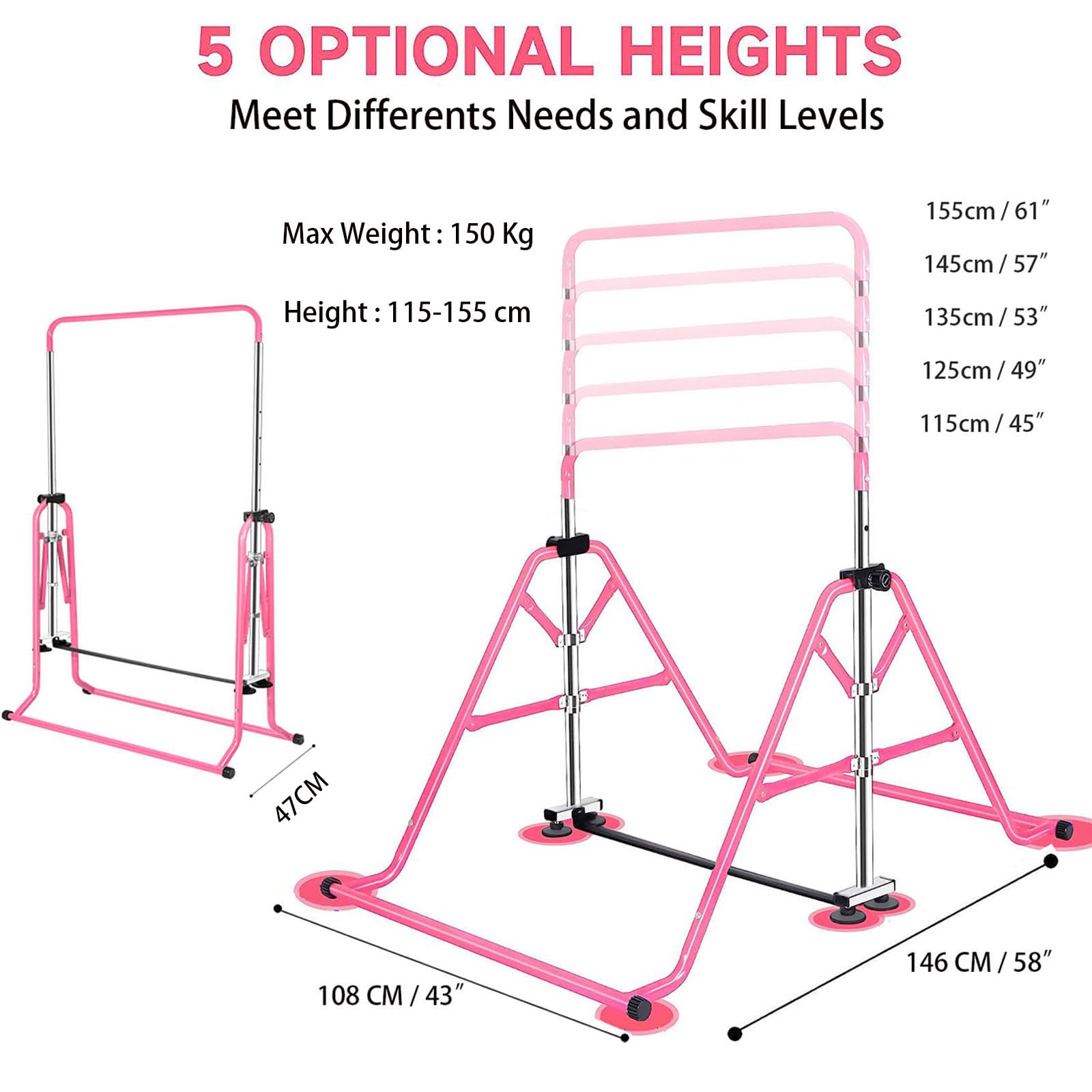 FCOUMY Gymnastics Bar for Kids, Junior Training Kip Horizontal Bar Gymnastics Equipment for Home, Adjustable Telescopic Height Folding Horizontal Bar