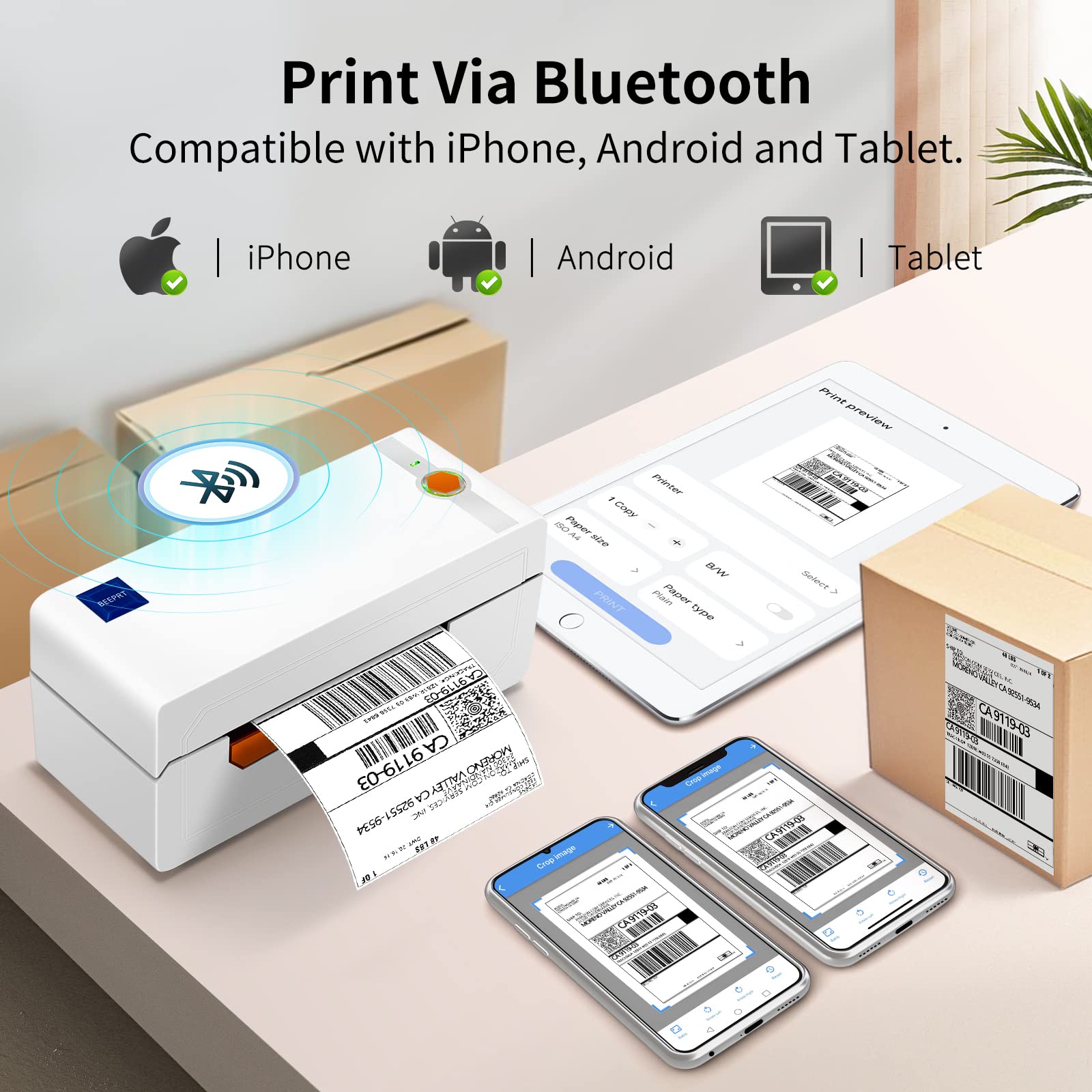 JADENS Bluetooth Thermal Label Printer, 4x6 Shipping Label Printer for Shipping Packages 203DPI, 1.57"-4.1" Printing Size Compatible with Hermes, Royal Mail, Amazon, Shopify