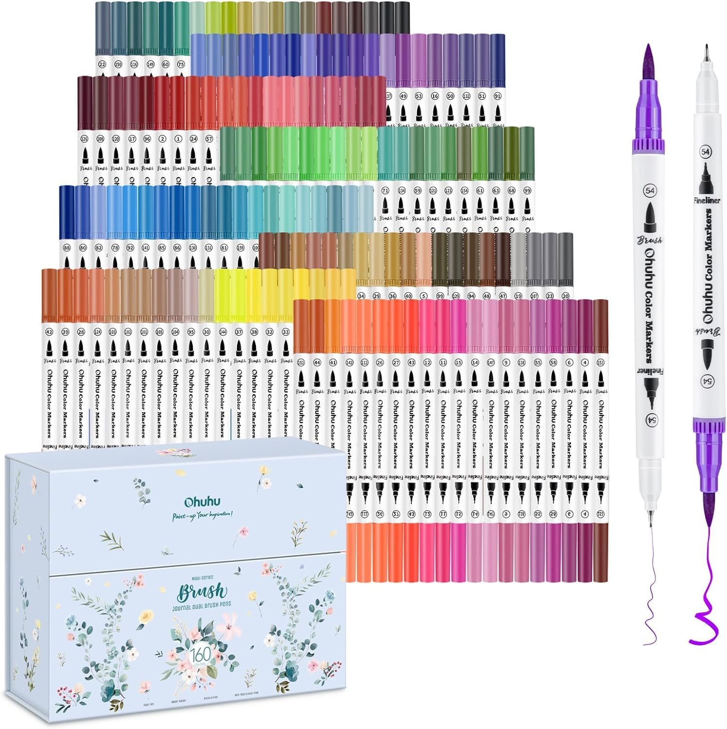 Ohuhu Colouring Pens: 160 Colours Colouring Markers with Dual Tips Fine & Brush Pens Water-Based Art Markers for Kids and Adults Drawing Sketching