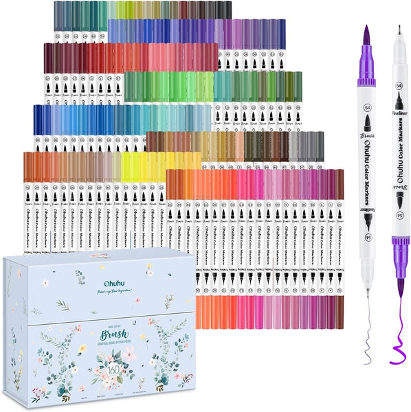 Ohuhu Colouring Pens: 160 Colours Colouring Markers with Dual Tips Fine & Brush Pens Water-Based Art Markers for Kids and Adults Drawing Sketching