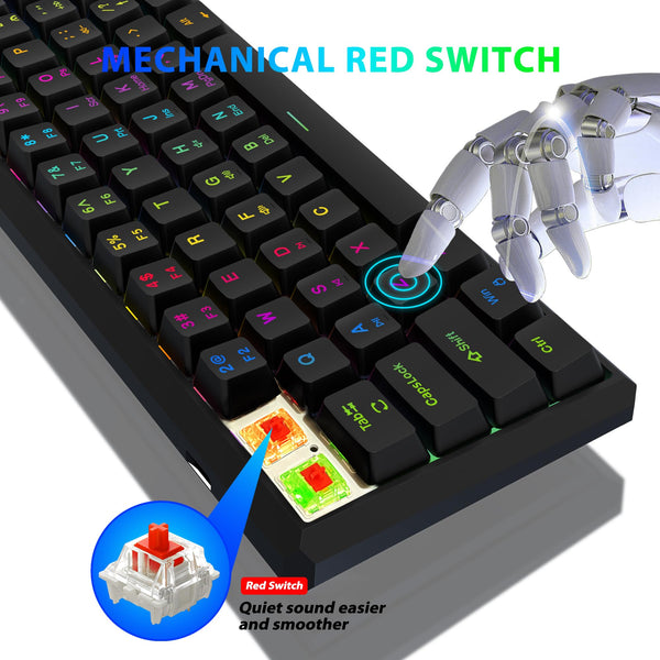 Snpurdiri 60% Wired Mechanical Gaming Keyboard, Mini 61-Key With Red Switches for PC, Windows XP, Win 7, Win 10 (Black-Red)