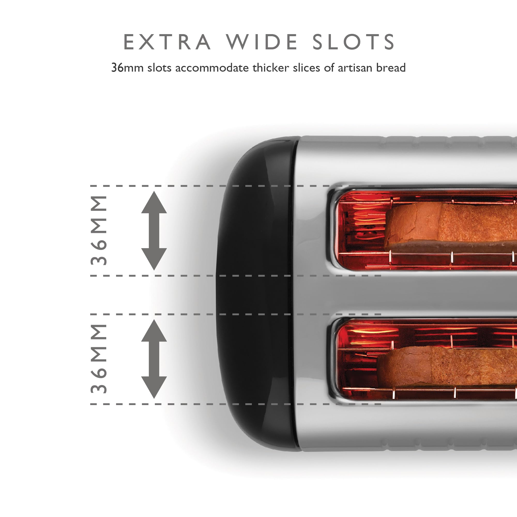 Dualit 2 Slice Lite Toaster | 1.1kW Toasts 60 Slices an Hour | Polished with High Gloss Black Trim | Bagel & Defrost Settings | 36 mm Wide Slots |