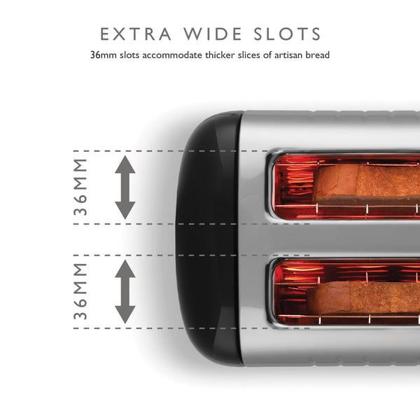 Dualit 2 Slice Lite Toaster | 1.1kW Toasts 60 Slices an Hour | Polished with High Gloss Black Trim | Bagel & Defrost Settings | 36 mm Wide Slots |