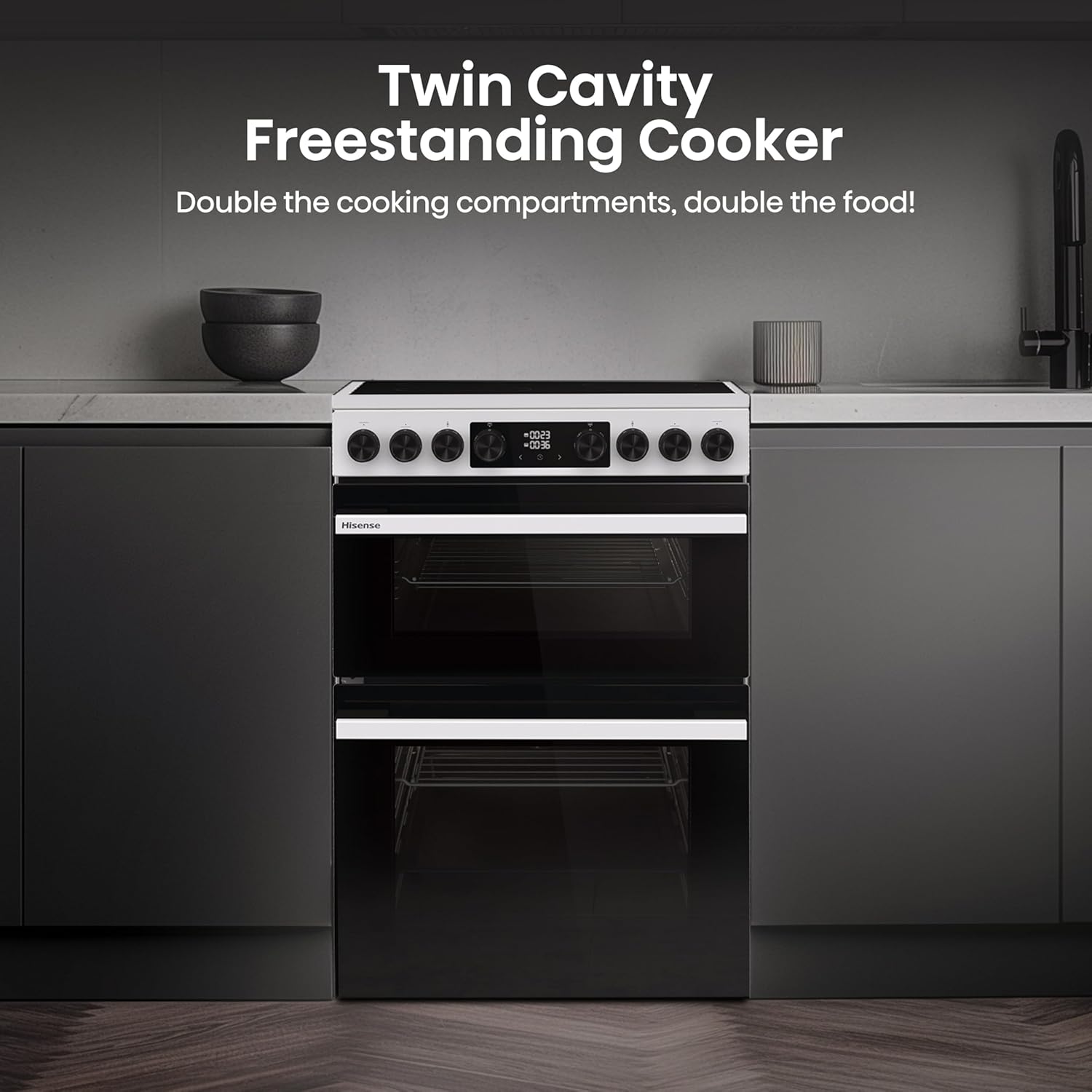 Hisense HDUKC60W 60cm Electric Cooker with Ceramic Hob-White, A Rated Double Oven 50L/80L [Energy Class A]