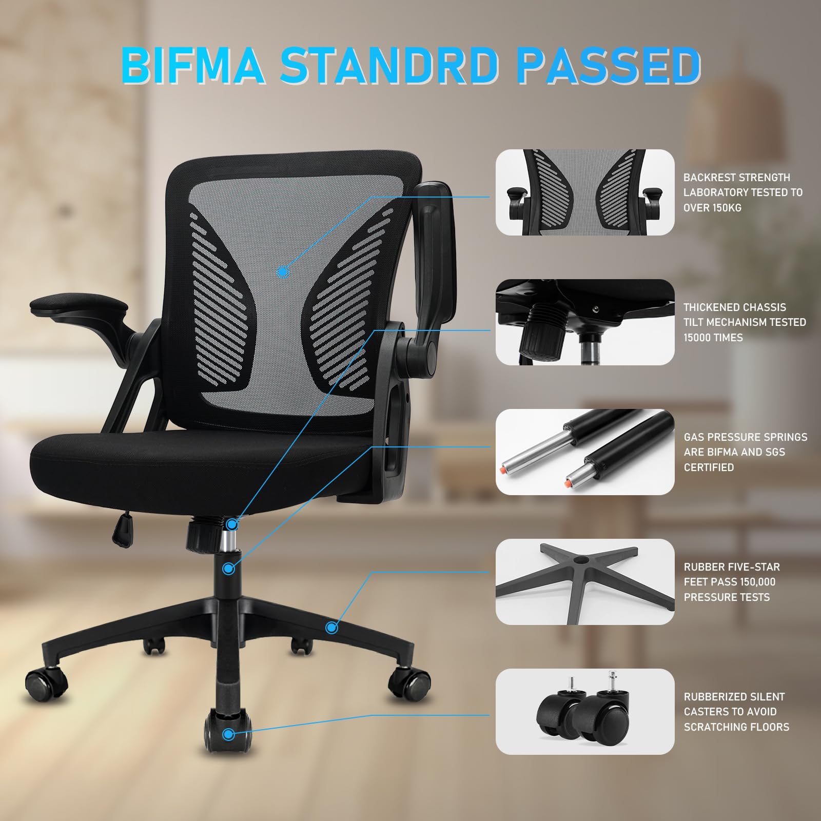 Durrafy Office Chair Ergonomic Desk with 90 Flip-up Armrest Lumbar Support, Height Adjustable Chair, Executive Swivel Computer Padded Seat Cushion