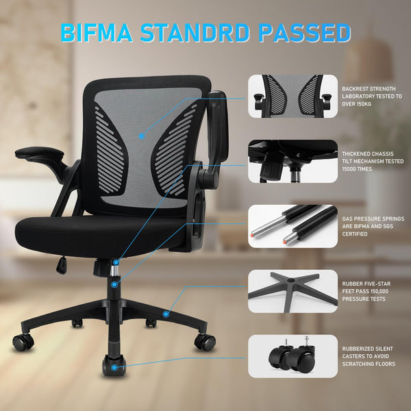 Durrafy Office Chair Ergonomic Desk with 90 Flip-up Armrest Lumbar Support, Height Adjustable Chair, Executive Swivel Computer Padded Seat Cushion