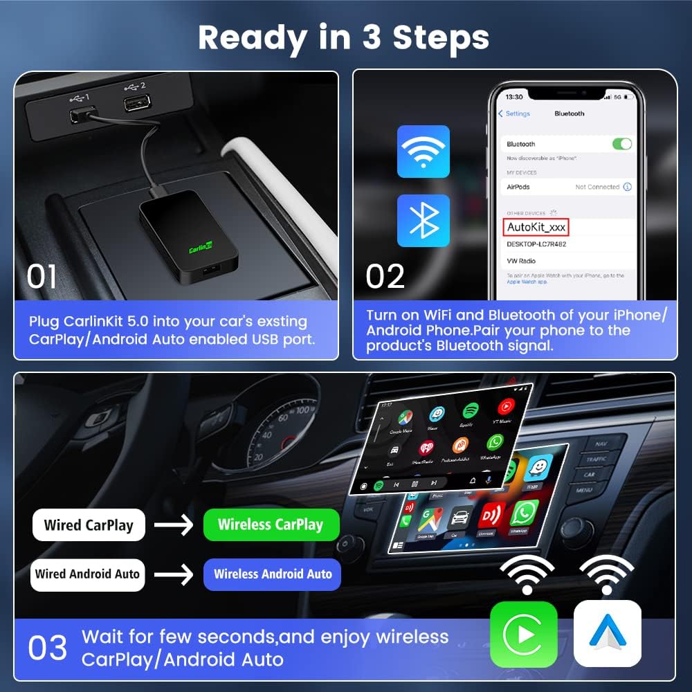 2024 CarlinKit 5.0 2air Wireless Adapter for Apple CarPlay and Android Auto,For cars wired apple CarPlay or wired Android Auto Function,(Model year:2017 to 2024) plug and play