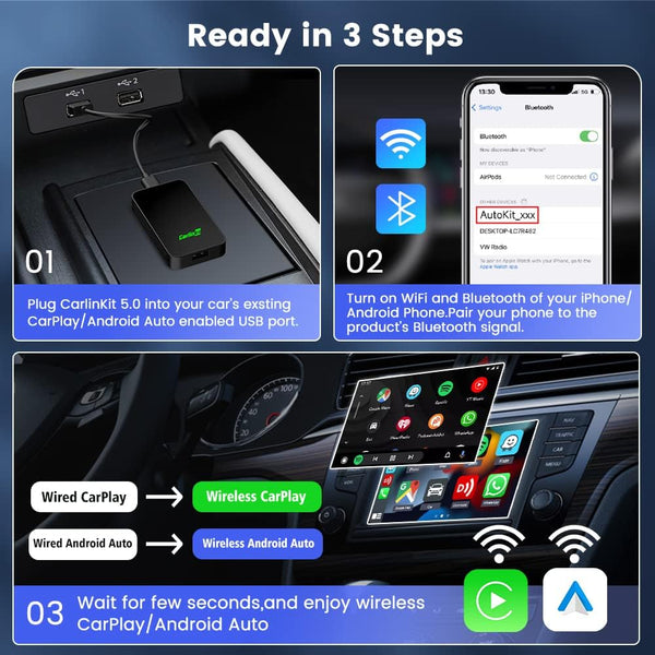 2024 CarlinKit 5.0 2air Wireless Adapter for Apple CarPlay and Android Auto,For cars wired apple CarPlay or wired Android Auto Function,(Model year:2017 to 2024) plug and play