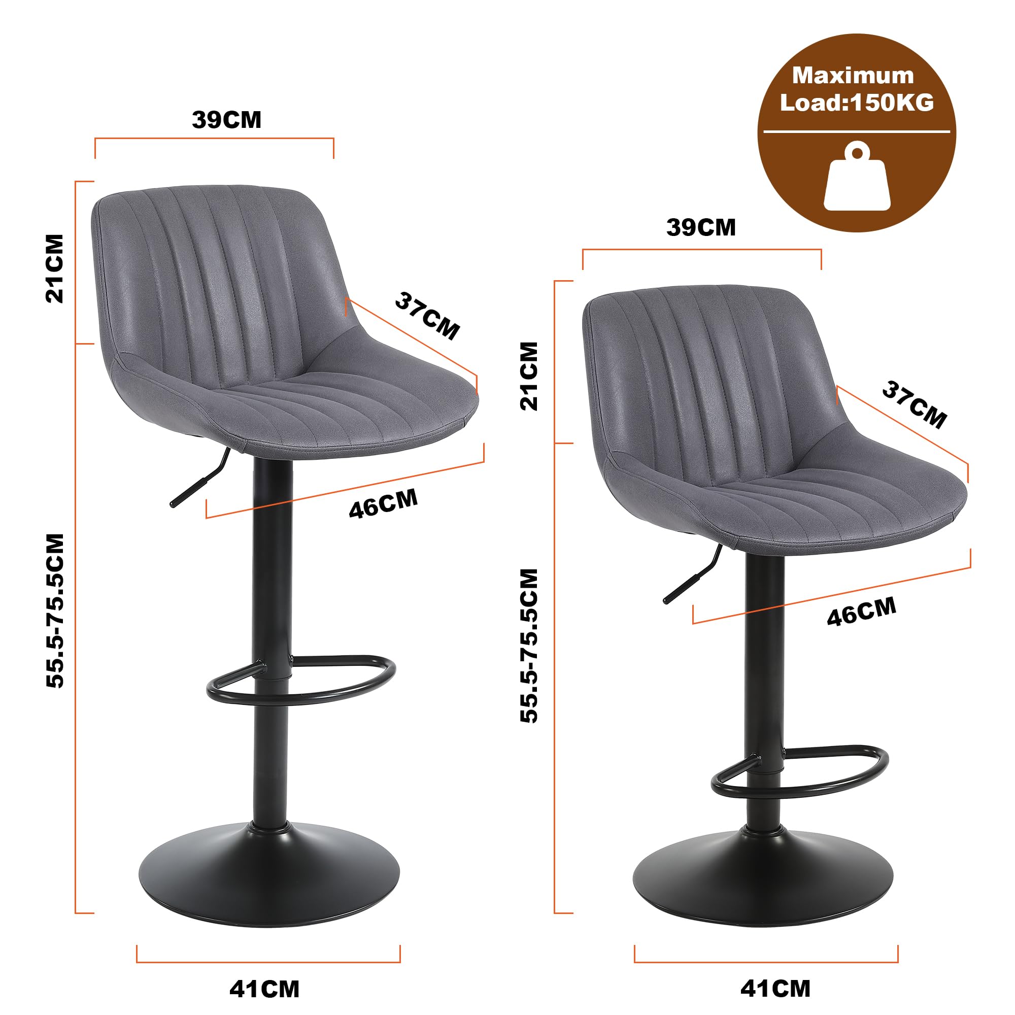 Youhauchair Bar Stools Set of 2, Swivel Counter Height Barstools with Back, Adjustable PU Leather Bar Chairs, Modern Armless Kitchen Island Stool, Black