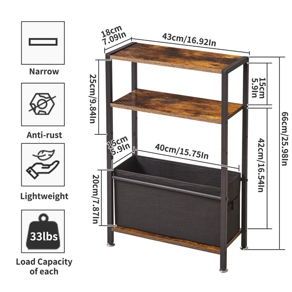 Aibiju Side Table,3-Tier Small Narrow Side Table with Storage Shelf,Slim End Tables with Fabric Basket for Narrow and Small Spaces,Rustic