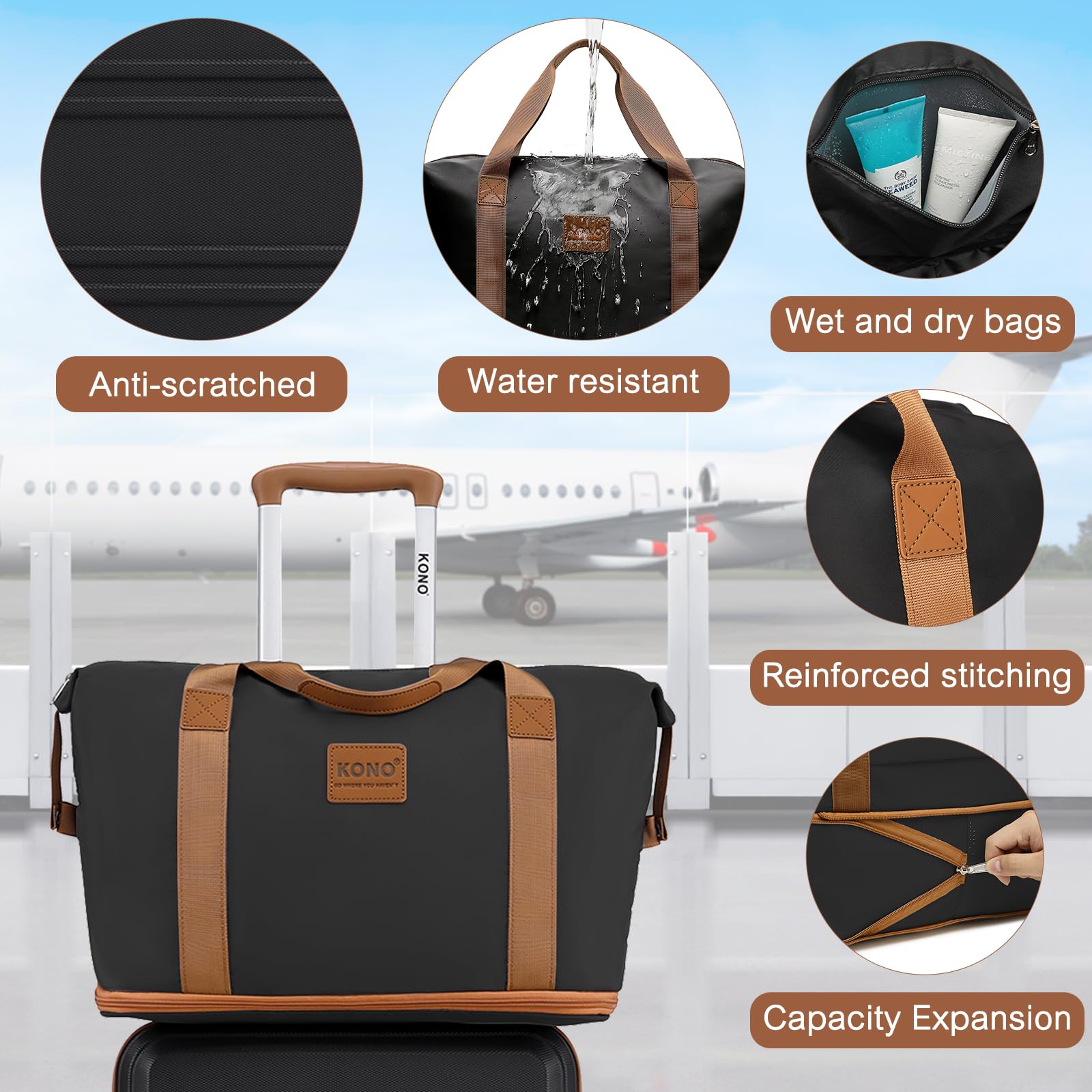 Kono Travel Luggage Sets of 6 Piece Lightweight ABS Hard Shell Trolley Case with TSA Combination Lock 20" 24" 28" Suitcase + 12" Beauty Case + Duffel Bag & Toiletry Bag (Cream White)