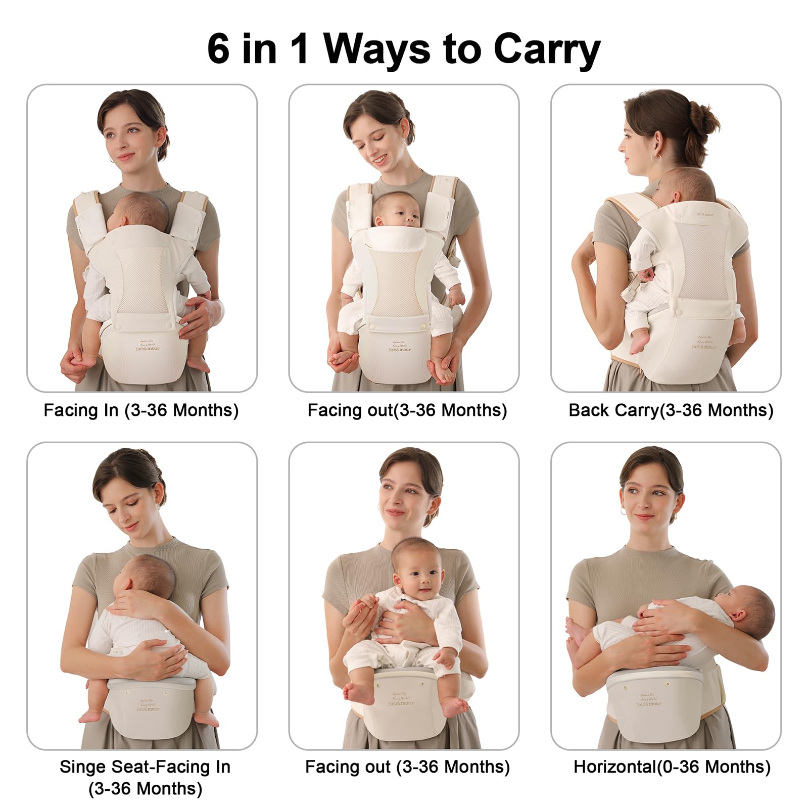 Bebamour Baby Carrier Newborn to Toddler Baby Carrier Hipseat 0-36Months with Head Hood, 3 PCS Teething Pads, Waist Extender, Grey