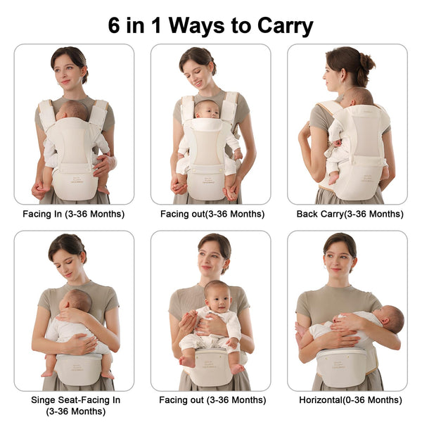 Bebamour Baby Carrier Newborn to Toddler Baby Carrier Hipseat 0-36Months with Head Hood, 3 PCS Teething Pads, Waist Extender, Grey