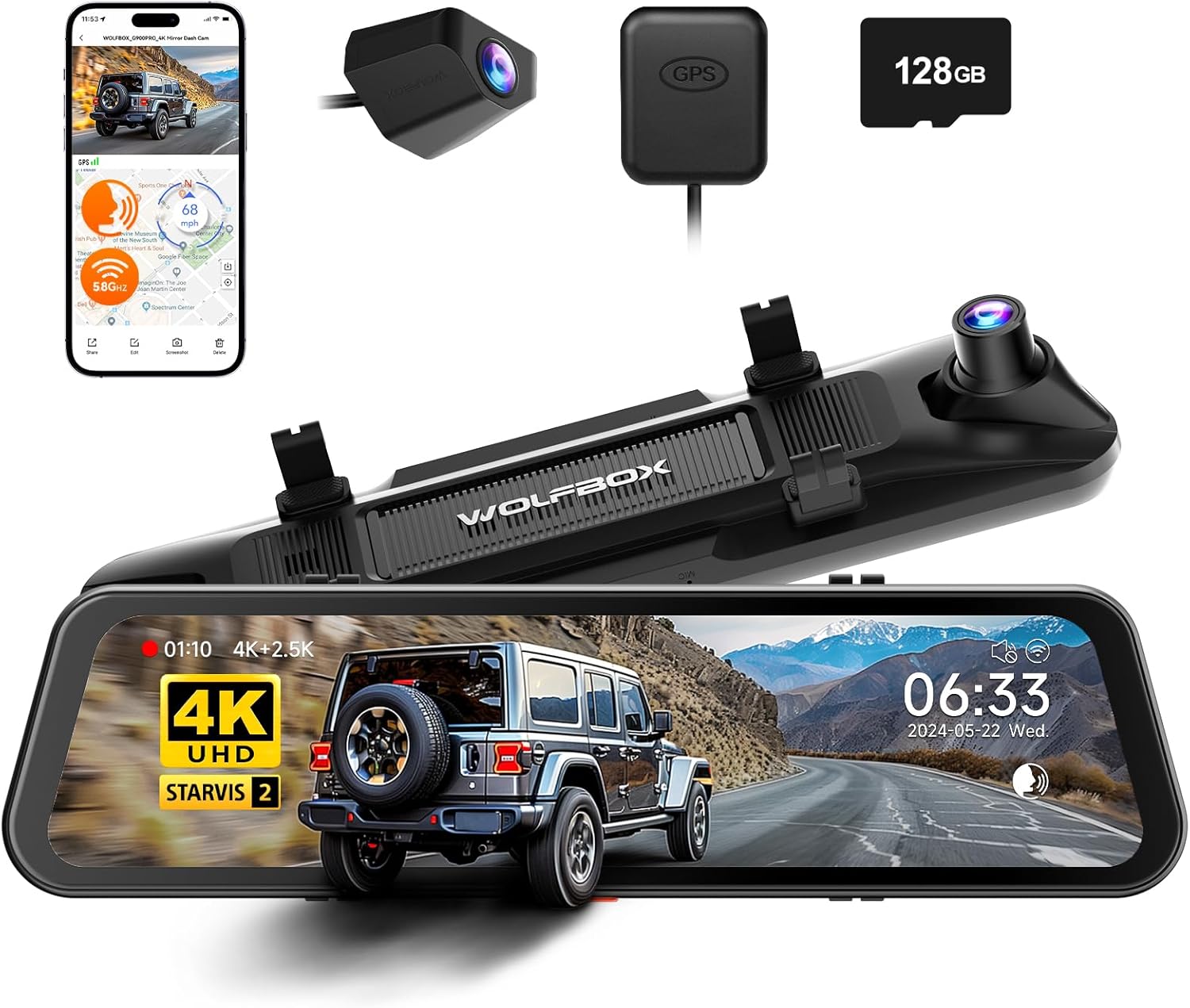 WOLFBOX G900 PRO Mirror Dash Cam with STARVIS 2 IMX678, 12 inches Rear View Mirror Camera with Front 4K and Rear 2.5K, Included 128GB Card, Voice Control, 5.8GHz WiFi, Reverse Assist, G-Sensor & GPS