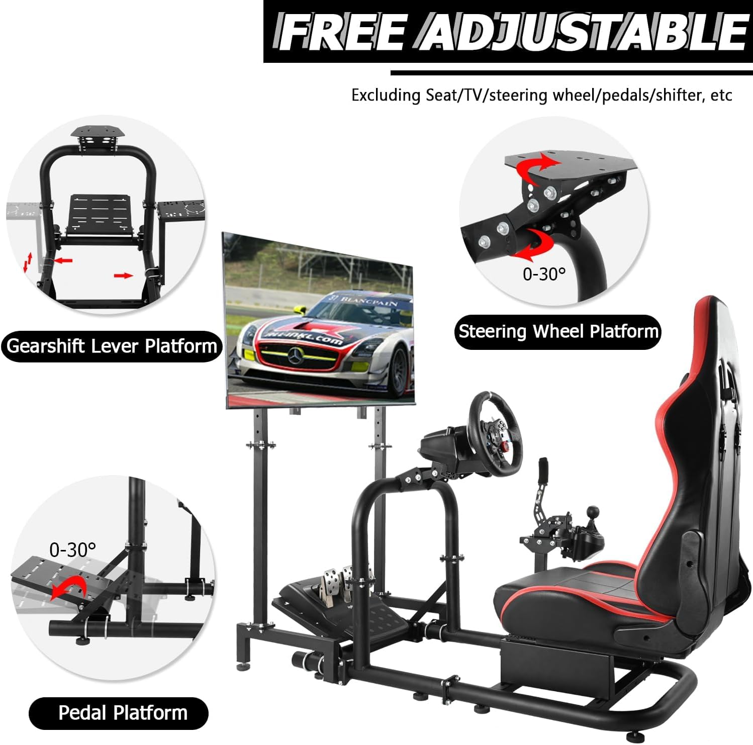 Minneer Flight Racing Simulator Cockpit with Monitor Mount Fit for Logitech Thrustmaster Fanatec G29 G920 G923 Racing, Enhanced Round Tube Steering Wheel Stand Not Included Wheel Pedal Handbrake Seat