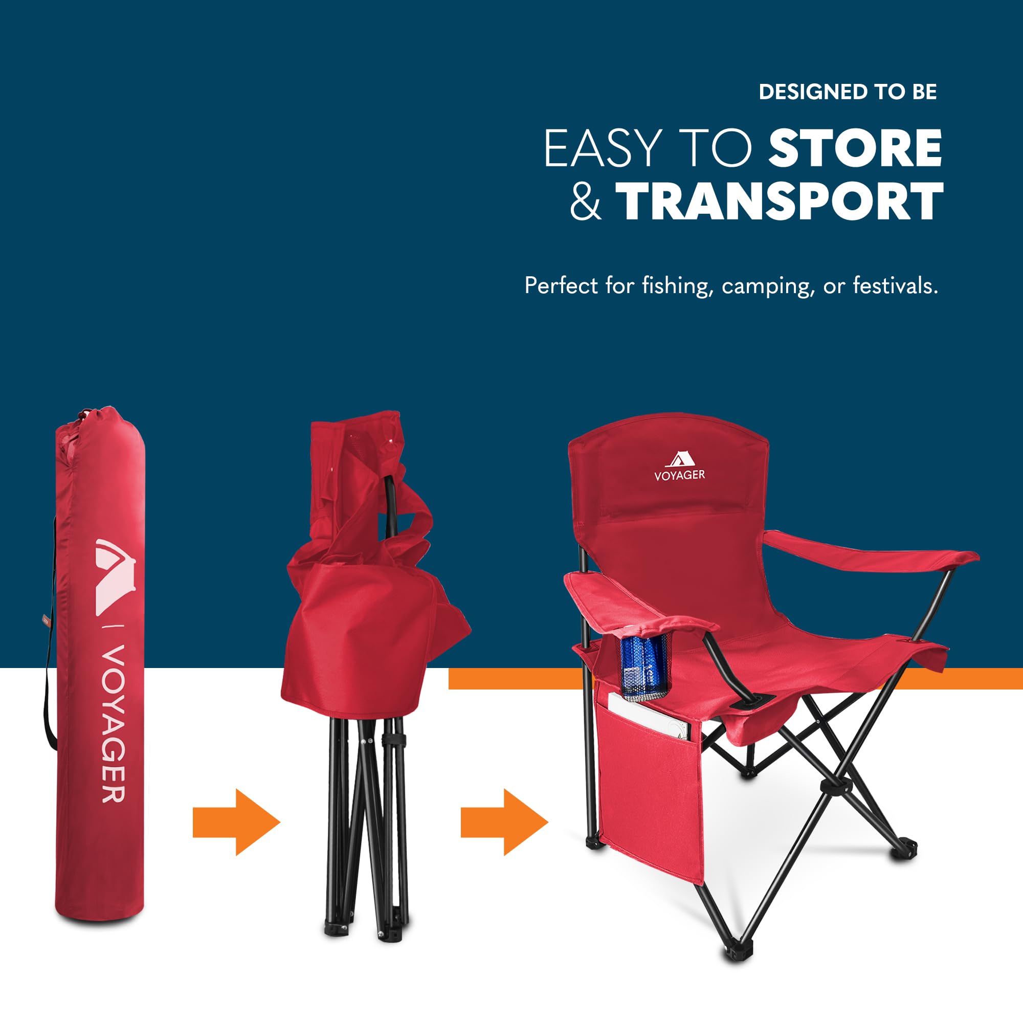 Voyager Folding Camping Chairs 2 Pack with Cooler Bag, Lightweight Q195 Steel Frame, 600D Oxford Fabric, Portable & Comfortable - Black (Black, Padded)