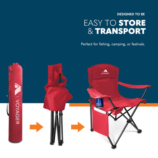 Voyager Folding Camping Chairs 2 Pack with Cooler Bag, Lightweight Q195 Steel Frame, 600D Oxford Fabric, Portable & Comfortable - Black (Black, Padded)
