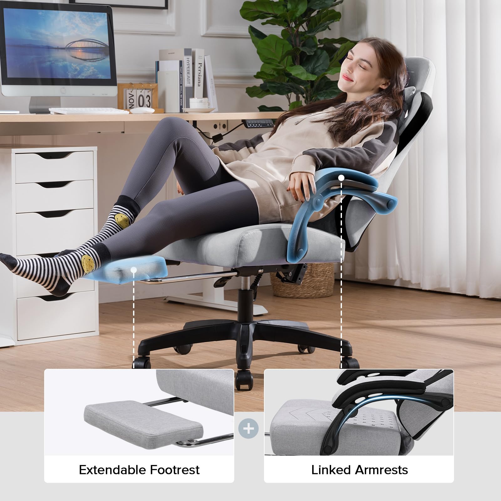 GTPLAYER Fabric Gaming Chair with Footrest, Ergonomic Computer Desk Chair with Pocket Spring Cushion Home Office High Back Support Lumbar Support Heavy Duty Wide