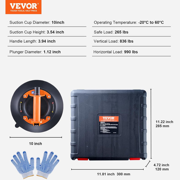 VEVOR Glass Suction Cup, 10" 990 lbs Load Capacity, Vacuum Suction Cup with Steel Handle & Carry Box, Heavy Duty Industrial Suction Cup Lifter Tool for Glass, Granite, Tile, Metal, Wood Panel Lifting