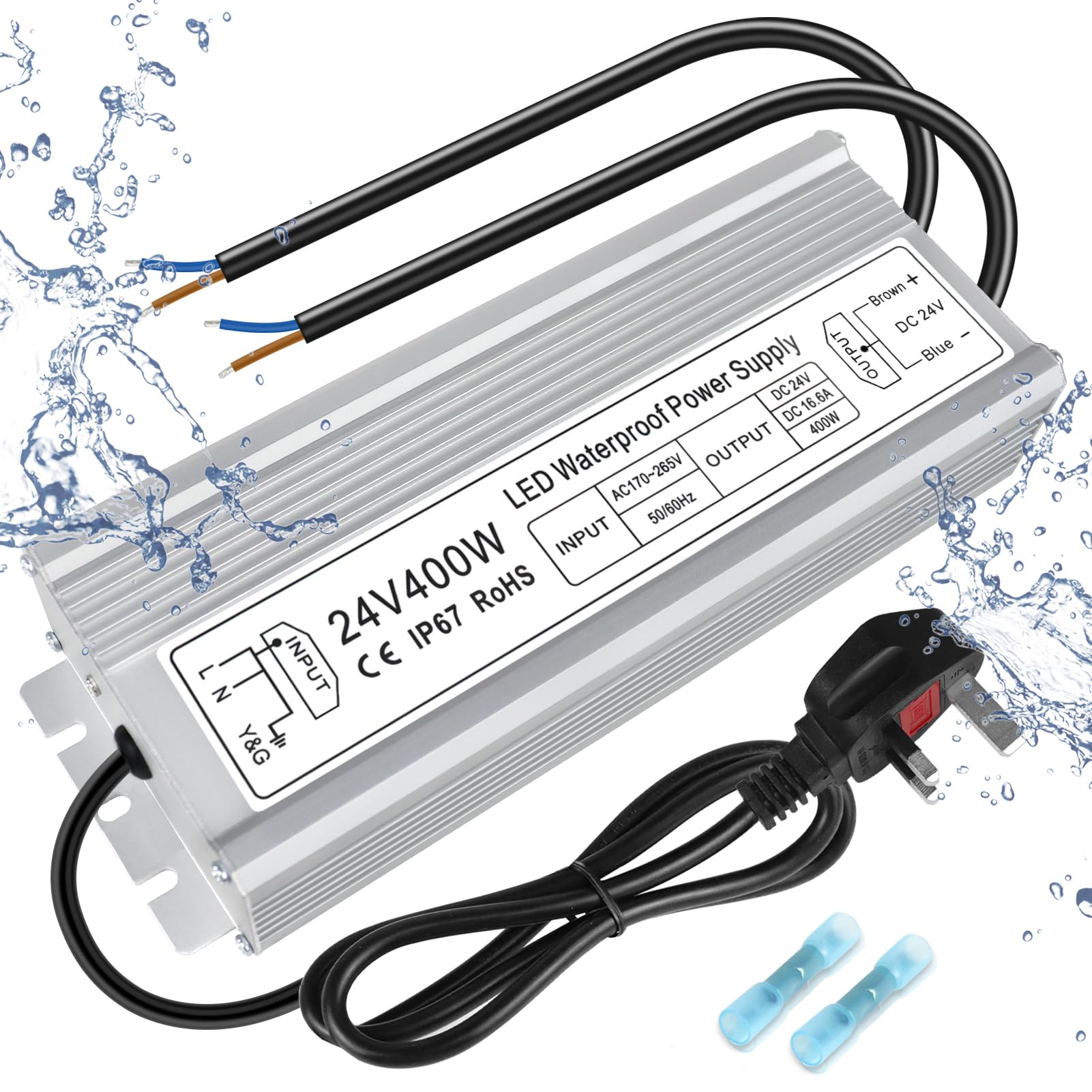 inShareplus LED Power Supply, 24V 400W IP67 Waterproof Outdoor Driver, AC 170-265V to DC 24V 16.6A Low Voltage Transformer, Adapter with 3-Prong Plug