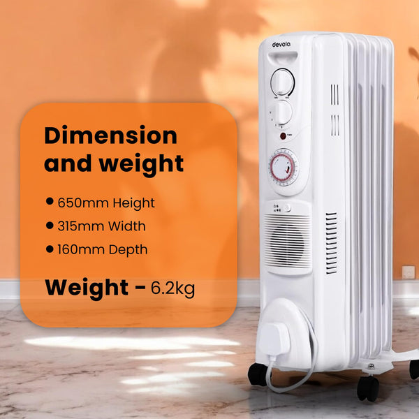 Devola 1500W 5 Fin Oil Filled Radiator, Low Energy Electric Heater with Thermal Fuse for Overheat Cut Off, Adjustable Heating Dial, Turbo Heating Option via PTC Fan, 24 Hour Timer - DVSOR5F15W (White)
