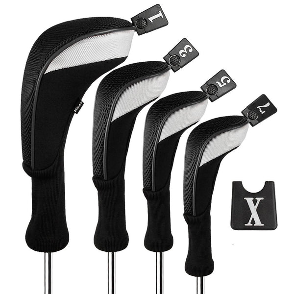 Andux 4pcs/Set Golf Wood Club Head Covers 460cc Driver with Long Neck Black