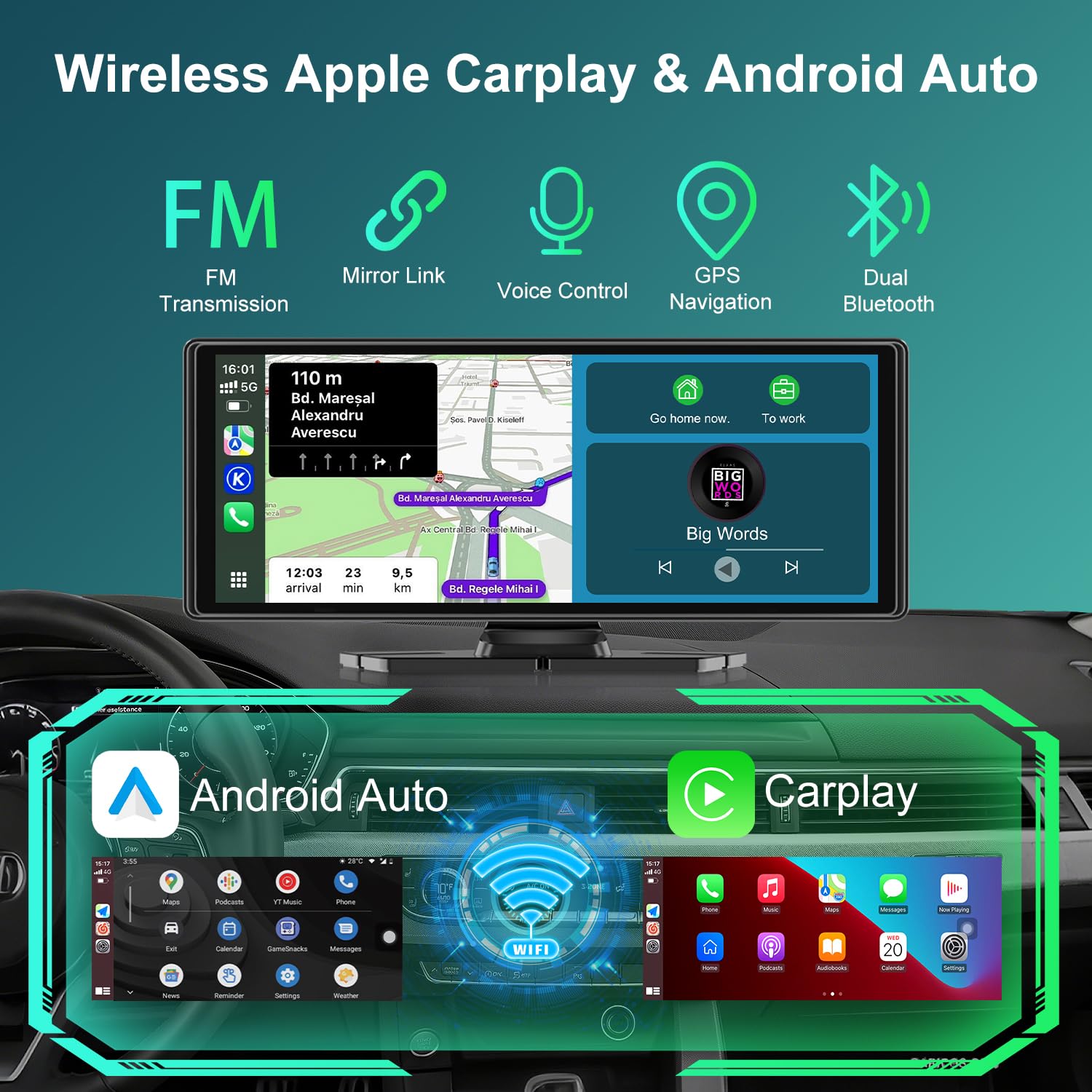 10.26" Wireless Car Stereo for Apple Carplay & Android Auto with 1080P Backup Camera, Touchscreen Car Play Screen with GPS Navigation & Voice Control, Mirror Link,Dual Bluetooth,FM Transmission,AUX