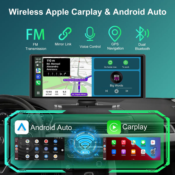 10.26" Wireless Car Stereo for Apple Carplay & Android Auto with 1080P Backup Camera, Touchscreen Car Play Screen with GPS Navigation & Voice Control, Mirror Link,Dual Bluetooth,FM Transmission,AUX