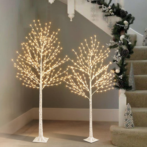 EAMBRITE Lighted Birch Tree Set, White Christmas Trees Indoor Outdoor Decorations, 5FT 6FT Prelit Artificial Tree with Timer & Light Dimmer, LED Twig