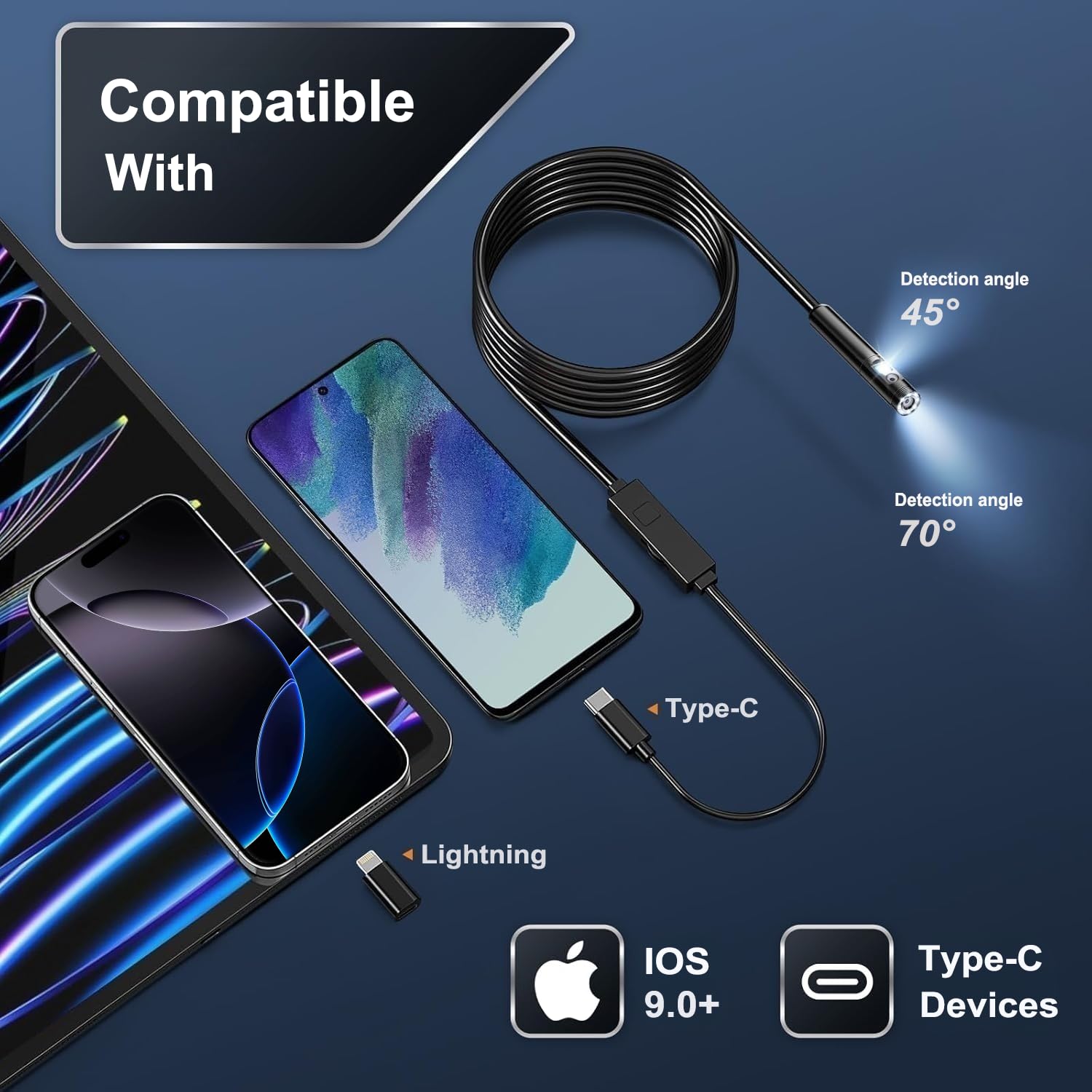 Dual Lens Endoscope Inspection Camera, 1080p HD Endoscope Semi-Rigid Inspection Camera with 8+1 Adjustable LED Lights, 7.9mm IP67 Waterproof Probe Drain Camera for Android and iOS (16.5 ft / 5 m)