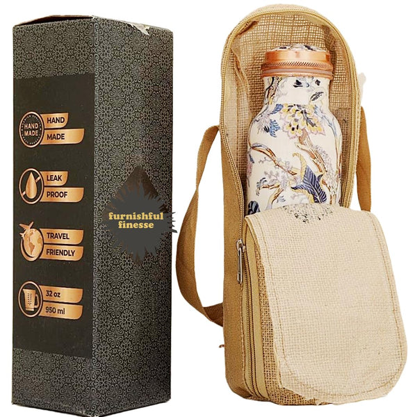34 Oz Pure Copper Water Bottle With Ayurvedic Benefits, Printed Copper Bottle With Carry Bag For Drinking Leak Proof Handcrafted Copper Water Vessel