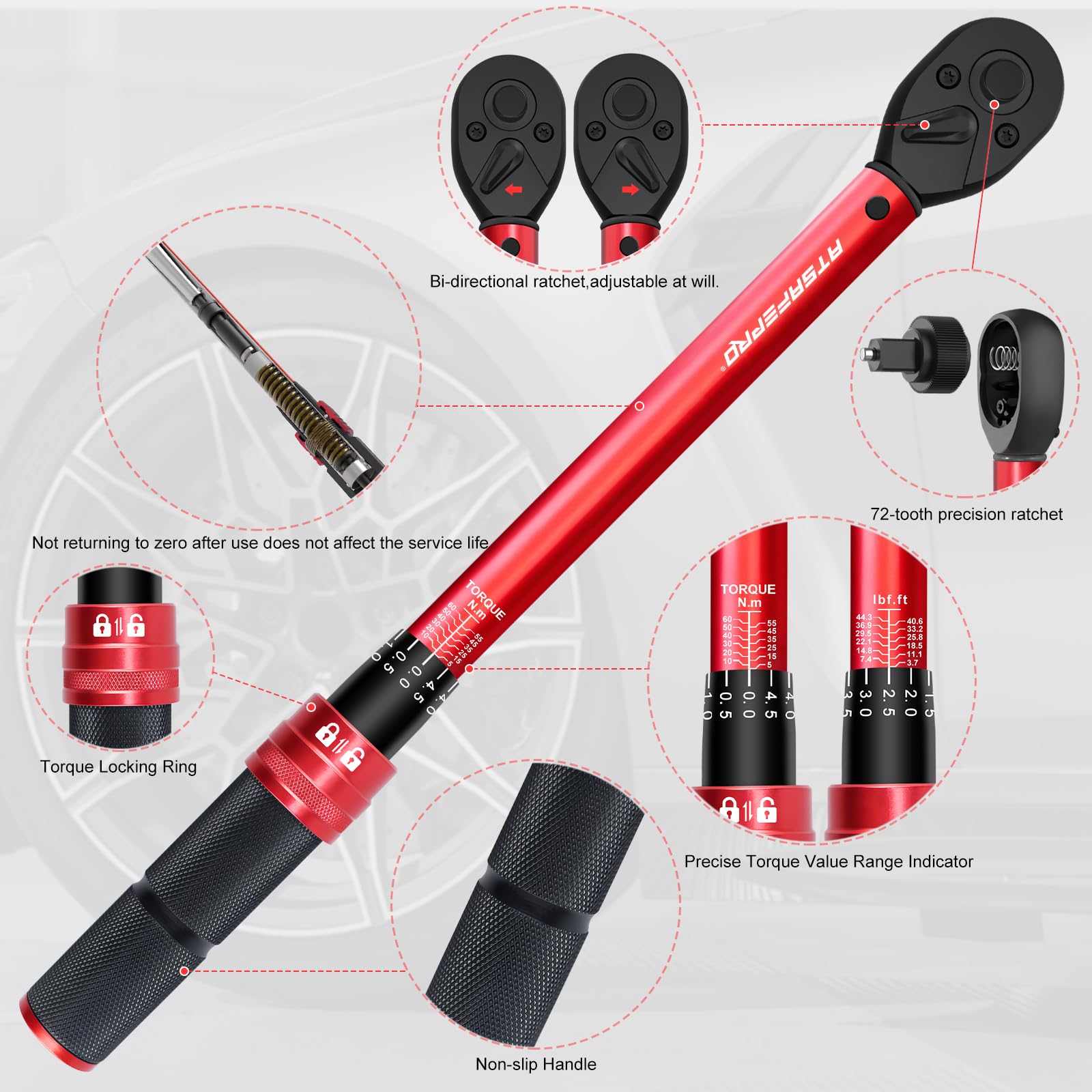 ATsafepro Torque Wrench 3/4 Inch, 100-600 Nm Torque Wrenchs, ±3% Error Accuracy with 48 Teeth Dual-Direction Adjustable for Repair of Car, Truck, Tractor