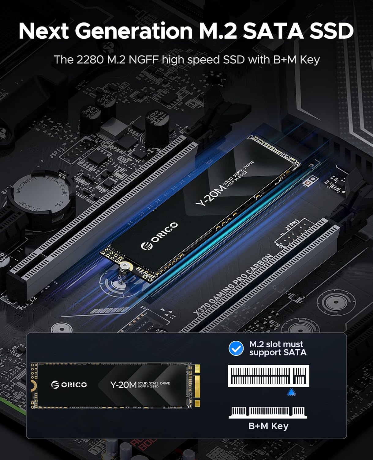 ORICO M.2 2280 SATA SSD, Internal M.2 SSD with B+M Key for Desktop/Laptop, SATA III 6Gbps NGFF Solid State Drive Low Power Consumption (PCIe NVMe Incompatible) - Y20M (128, GB)