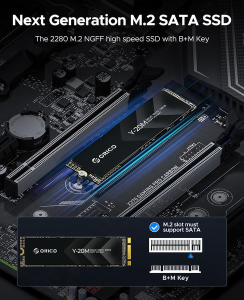 ORICO M.2 2280 SATA SSD, Internal M.2 SSD with B+M Key for Desktop/Laptop, SATA III 6Gbps NGFF Solid State Drive Low Power Consumption (PCIe NVMe Incompatible) - Y20M (128, GB)