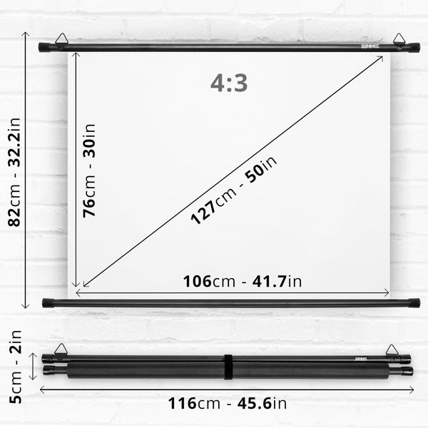 Duronic BPS60/43 Simple Bar Wall Mountable HD Projection Screen for | School | Theatre | Cinema | Home Projector Screen – 60” -4:3 Matte White Screen (Size: 122 X 91cm)