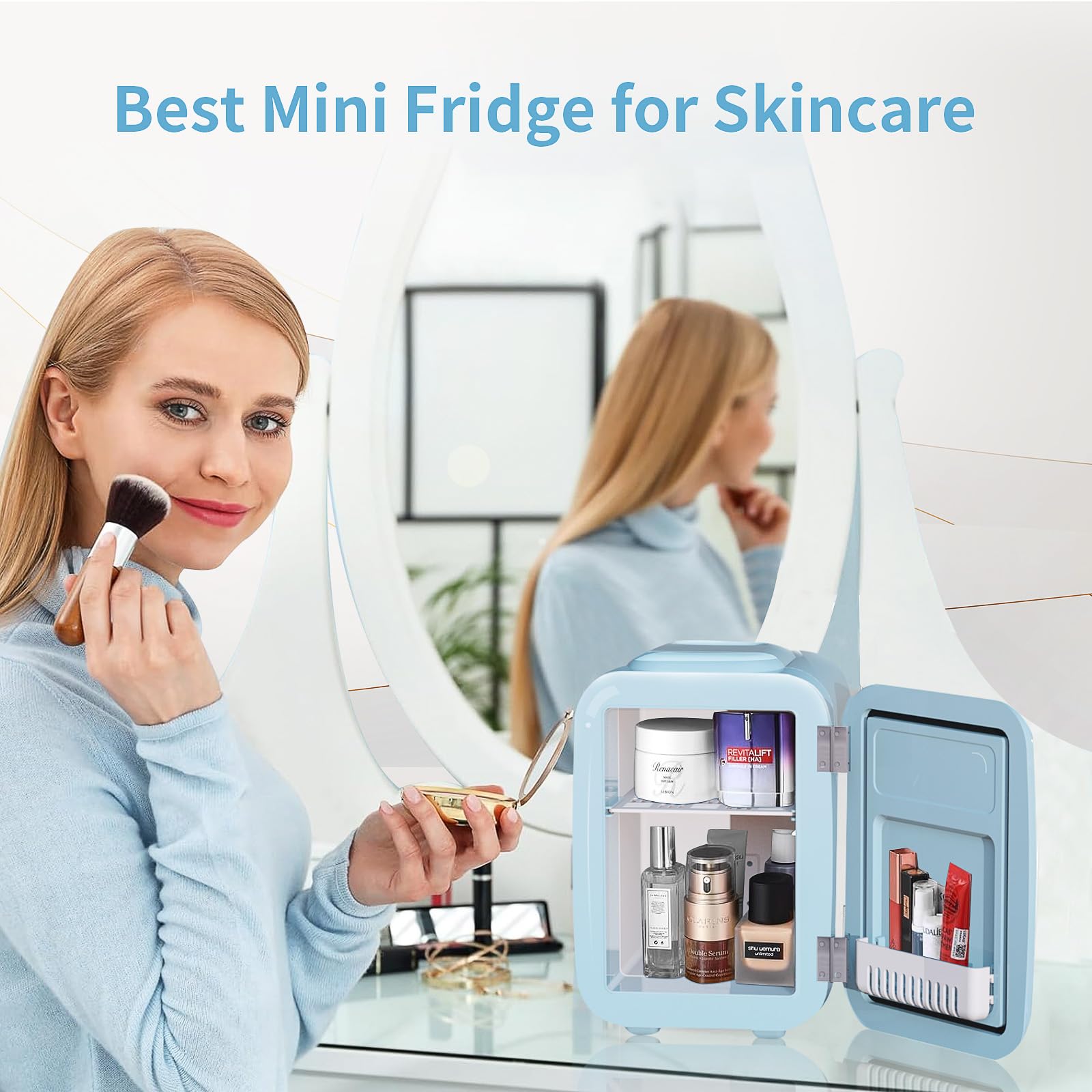 YASHE Mini Fridge for Bedroom, 4 Liter/6 Cans Small Fridge, AC/DC Thermoelectric Cooler and Warmer Mini Fridge for Drink Office Dorm Car, Blue