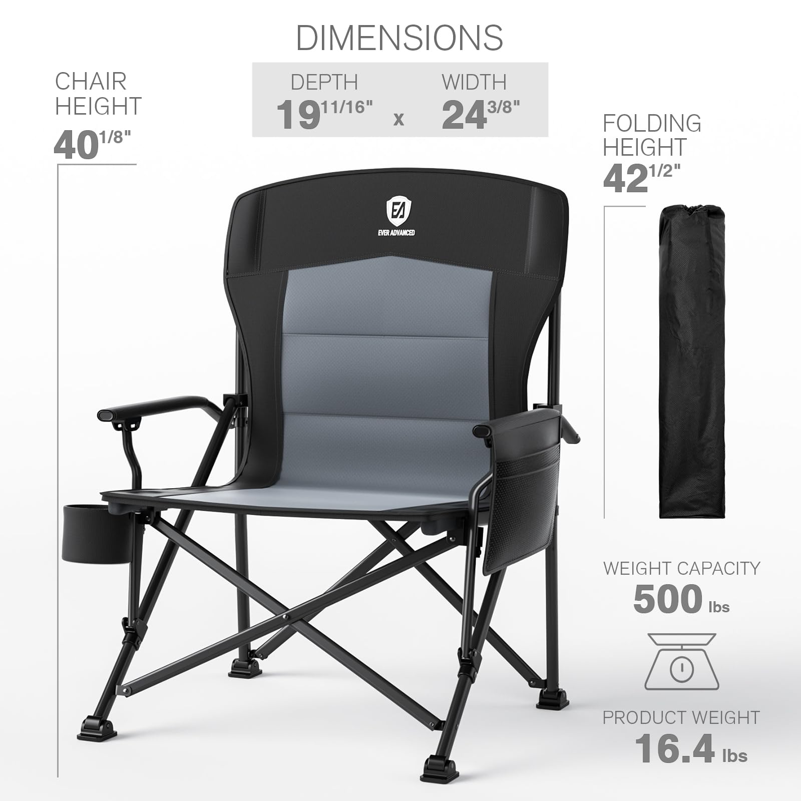 EVER ADVANCED Camping Chair for Adults Oversized 230KG, Folding Chair for Heavy People with Side Pocket, Heavy Duty Extra Wide with Hard Armrest Foldable Garden Fishing Outdoor Fold up