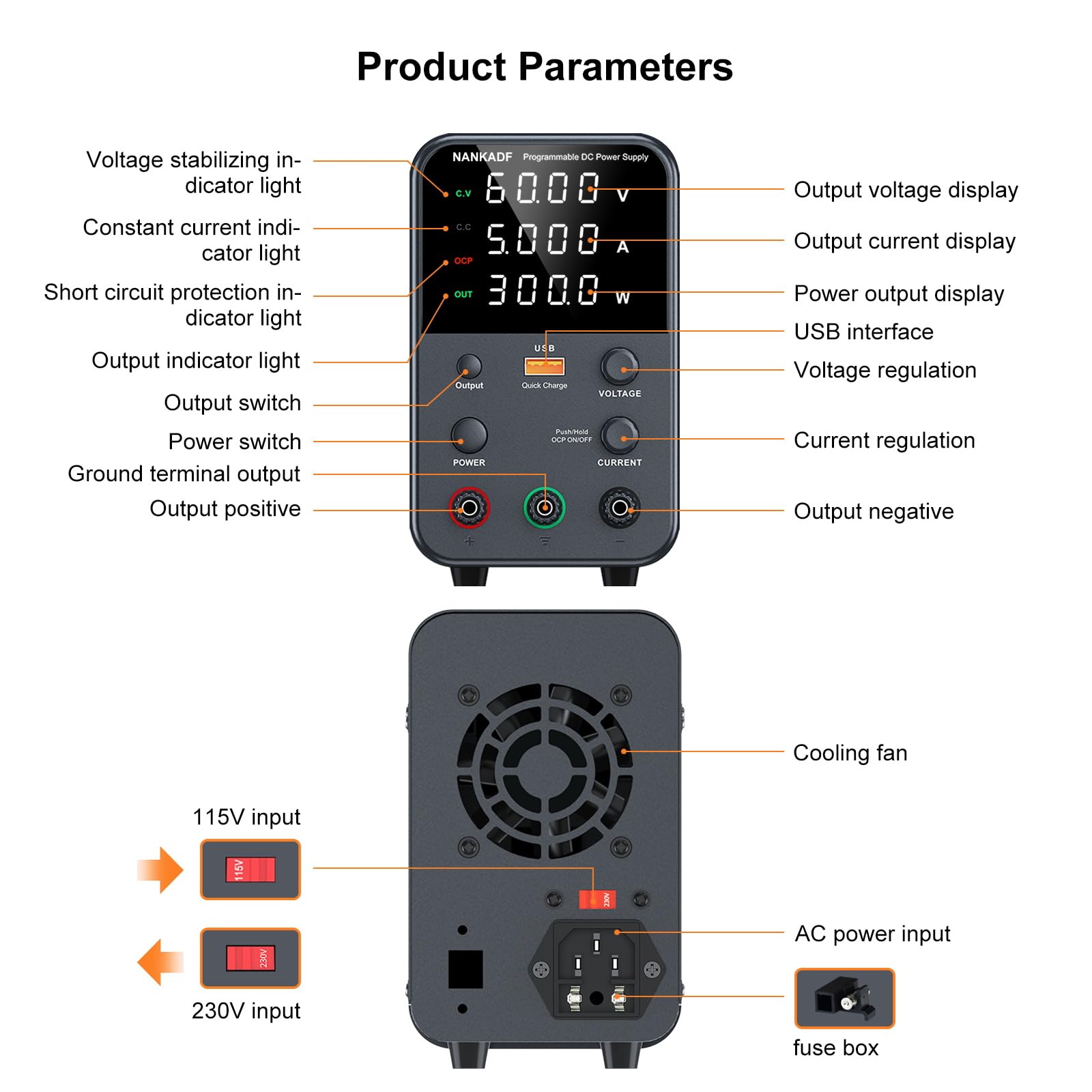 DC power supply (0-30V,0-10A) adjustable, switching power supplies, mini high precision 4-digit display with USB fast charging interface, variable lab bench power supply, output button/encoder knob