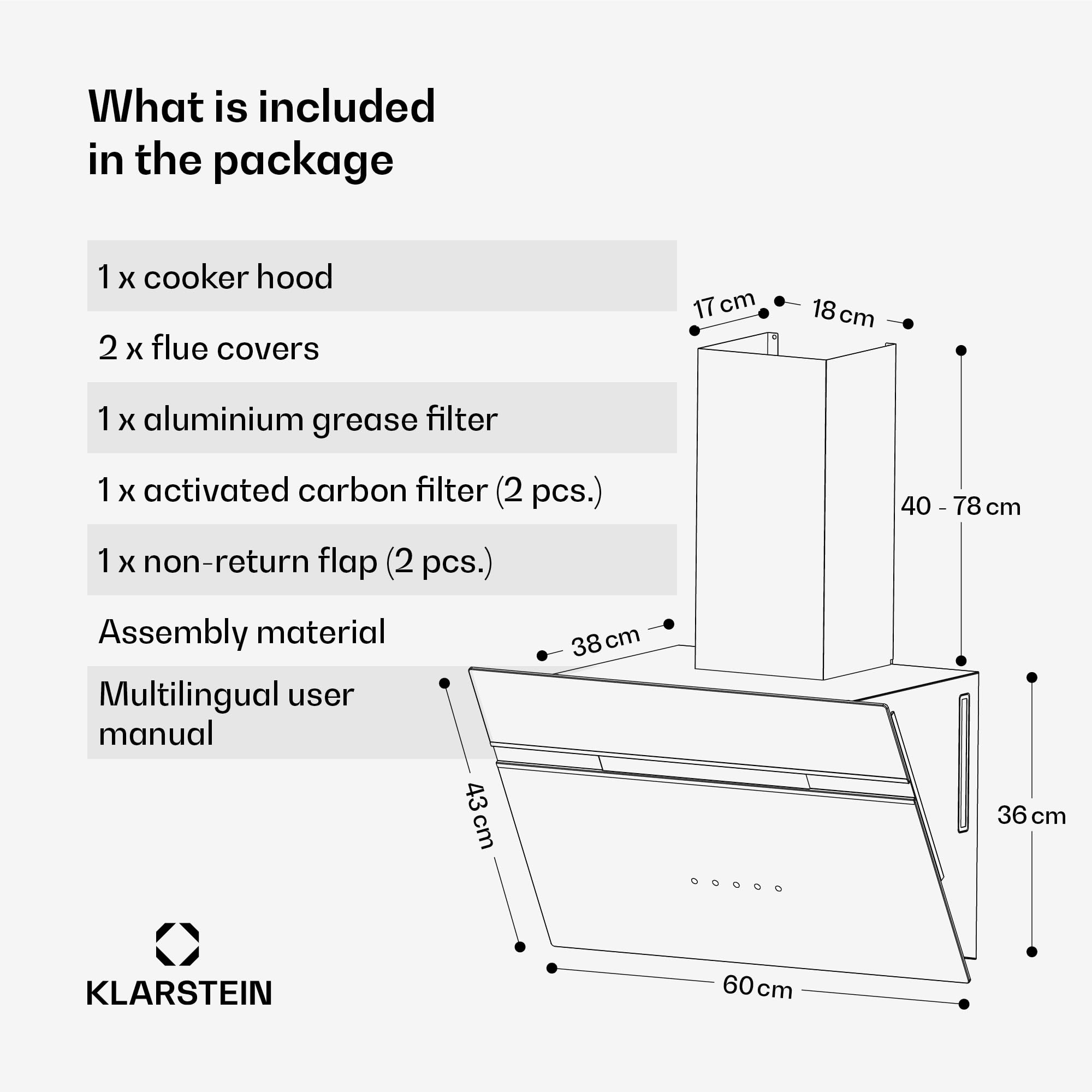 Klarstein Alina 90 Angled Cooker Hood - 600m³/h Air Flow, Touch Panel, LED Backlighting, Quiet 63dB, Energy Class A, 90cm Extractor Hood, Black