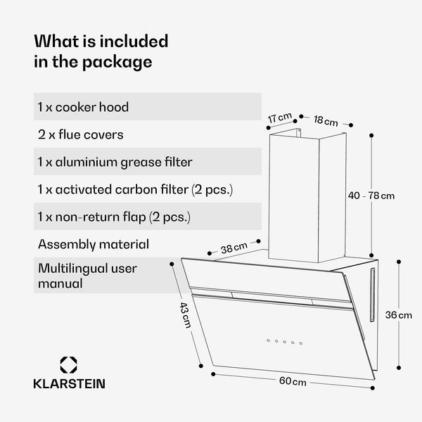 Klarstein Alina 90 Angled Cooker Hood - 600m³/h Air Flow, Touch Panel, LED Backlighting, Quiet 63dB, Energy Class A, 90cm Extractor Hood, Black