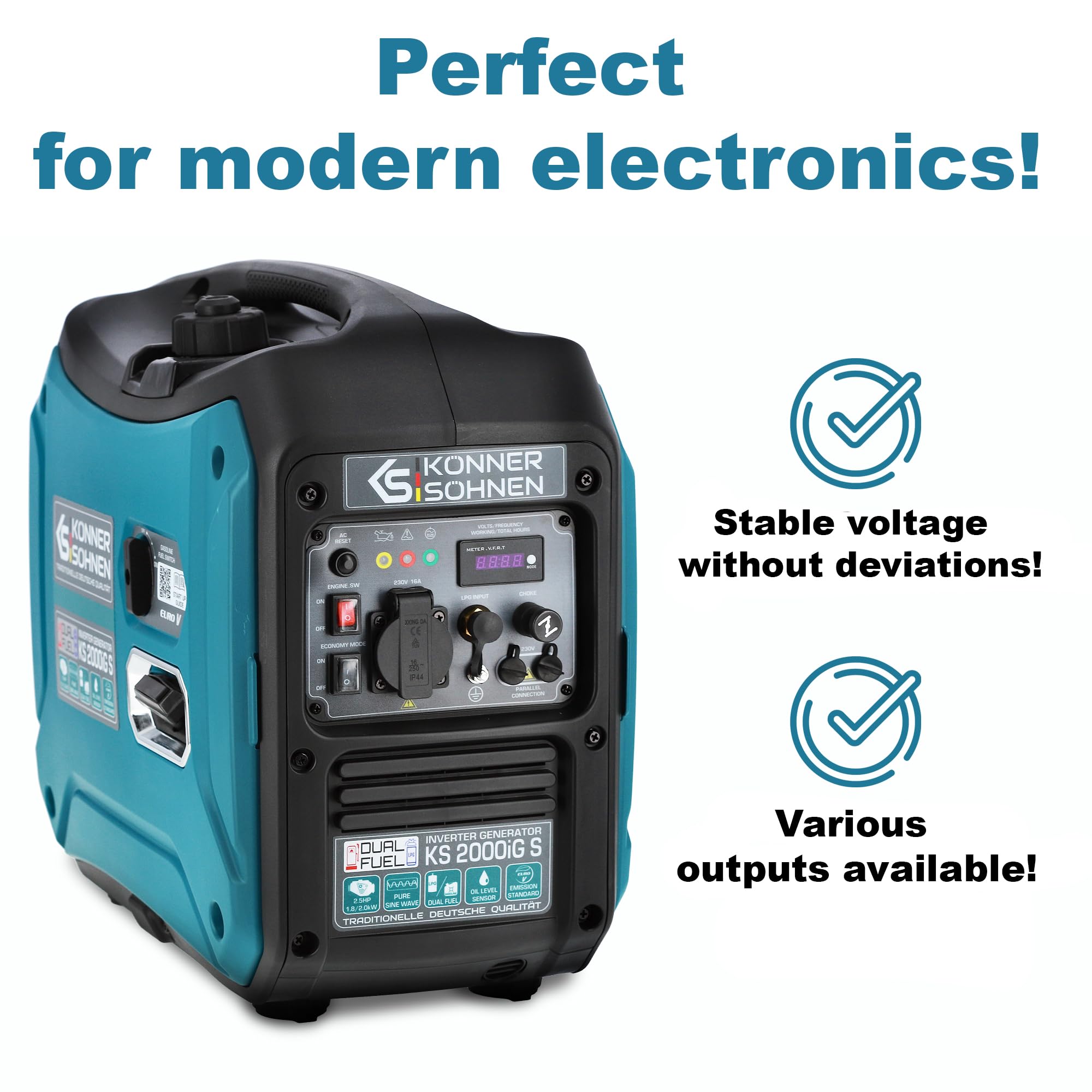 Könner & Söhnen KS 3100iG S portable LPG/petrol inverter generator 3100 W,UK Plug Socket 1x13 A (230 V), 2 USB ports,copper winding,silent inverter generator,dual fuel generator