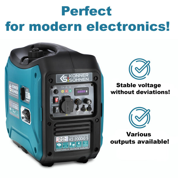 Könner & Söhnen KS 3100iG S portable LPG/petrol inverter generator 3100 W,UK Plug Socket 1x13 A (230 V), 2 USB ports,copper winding,silent inverter generator,dual fuel generator