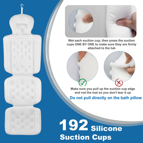 Full Body Bath Pillow, Luxury Bath Cushion with 192 Suction Cups, Bath Pillows for Tub for Head and Neck Support, with Laundry Bag White, 51" x 16"