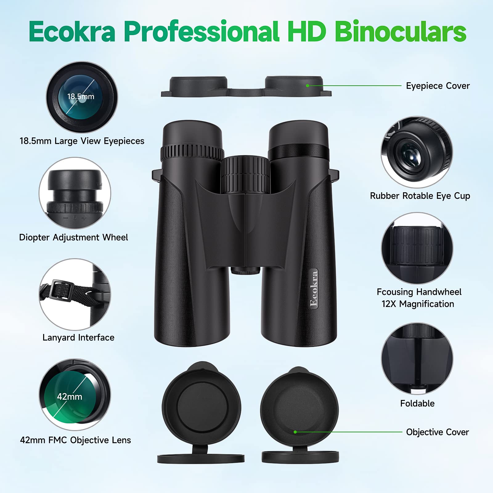 Ecokra 12x42 HD Binoculars for Adults, Super Bright High Power Compact Binoculars with Large View, Clear Low Light Night Vision, BAK4, FMC Prisms for Bird Watching Hunting Stargazing