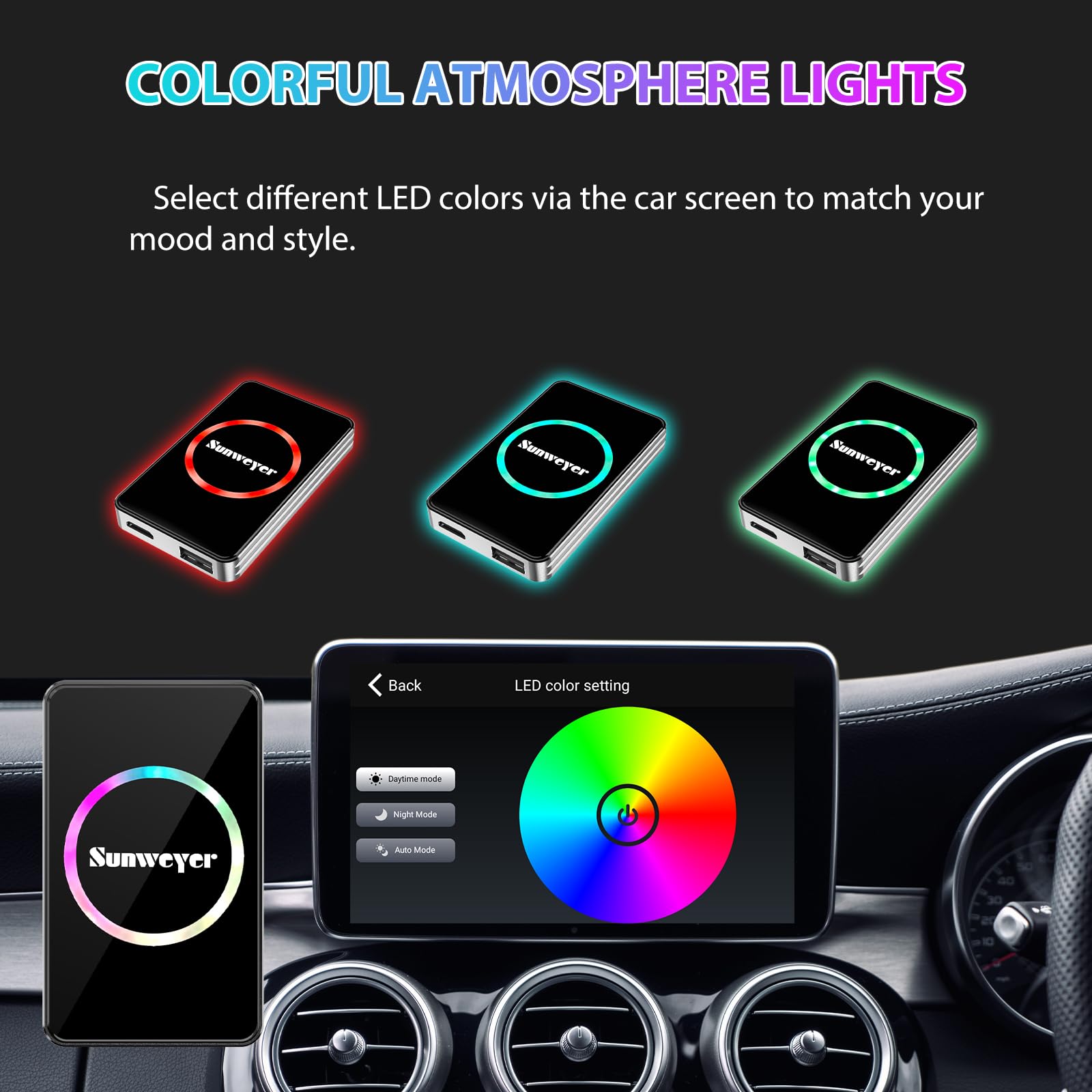 Sunweyer Wireless CarPlay Adapter Car Streaming Device Ai Box Support Netflix, YouTube, Hulu, Disney+, Android Auto Wireless Adapter with LED Ambient Light, Easy to Setup 3 in 1, Dual WiFi Bluetooth