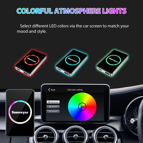 Sunweyer Wireless CarPlay Adapter Car Streaming Device Ai Box Support Netflix, YouTube, Hulu, Disney+, Android Auto Wireless Adapter with LED Ambient Light, Easy to Setup 3 in 1, Dual WiFi Bluetooth