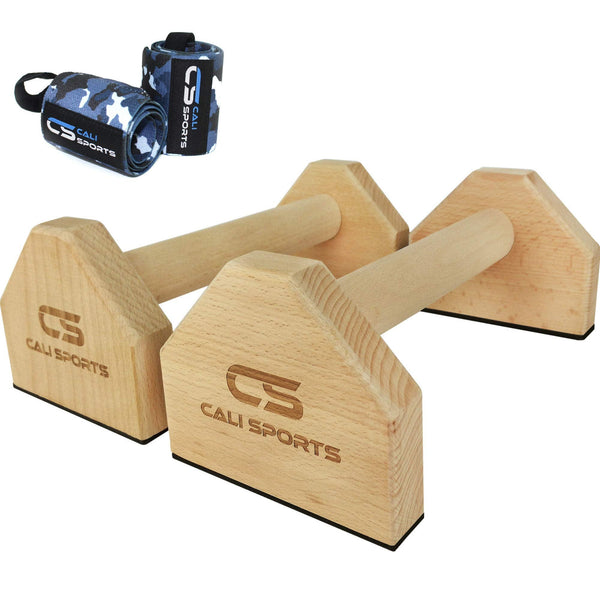 CALI SPORTS Calisthenics Wood Parallettes Bars | Push Up Bar That Will Not Slip or Wobble | Wrist Wraps Included (Small)